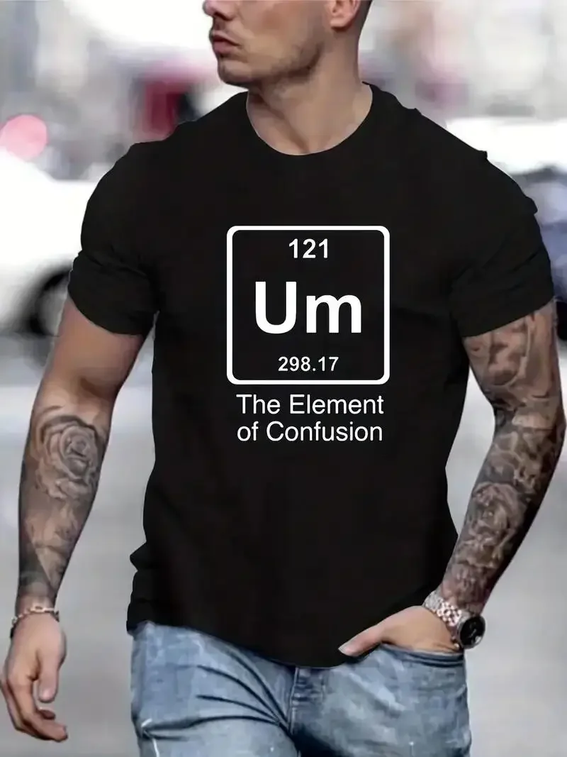 UM THE ELEMENTS OF CONFUSION Letter Graphic Print Men's Creative Top, Casual Short Sleeve Crew Neck T-shirt, Men's Tee For Summe