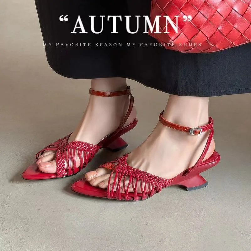 2026 new summer women sandals natural leather 22-25cm microfiber+sheepskin weave ankle-buckle high heel women shoes fashion