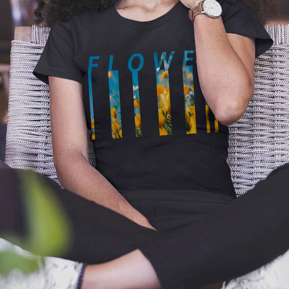 

Y2K Women‘s Clothes Cotton Casual T-Shirt Crew Neck Graphic Tees Street Wear Colorful Photography Yellow Flower & Blue Sky
