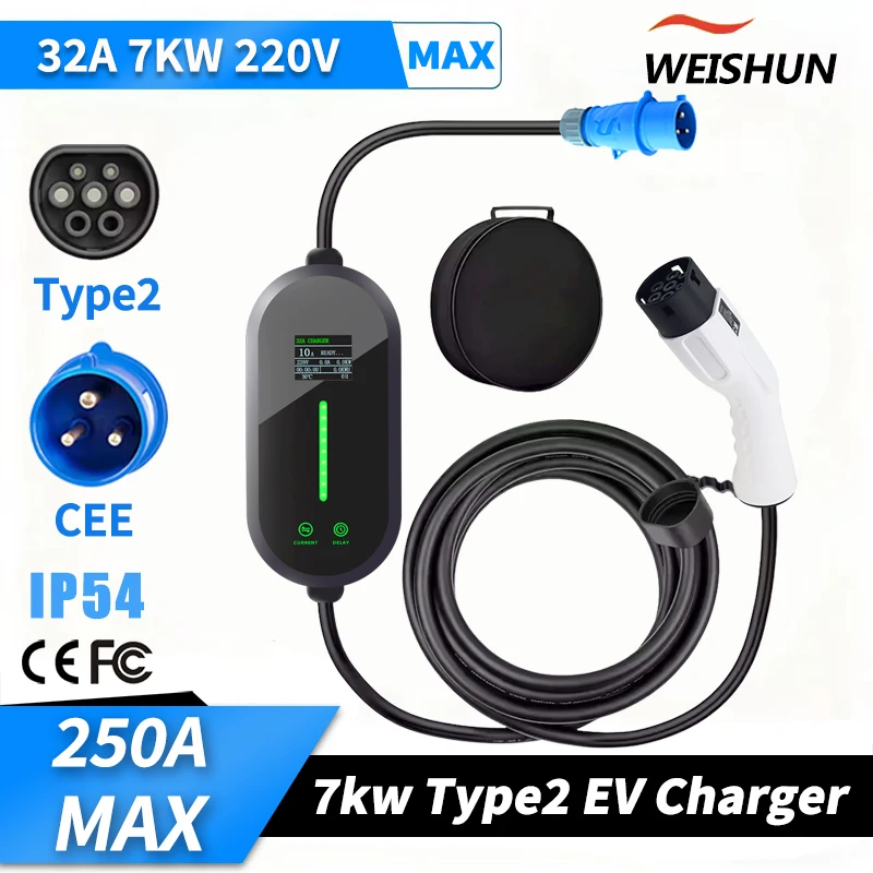 7KW شاحن سيارات كهربائية محمول Type2 شاحن سيارة كهربائية 32A 1 المرحلة شحن سريع Wallbox محطة شحن EV. #1