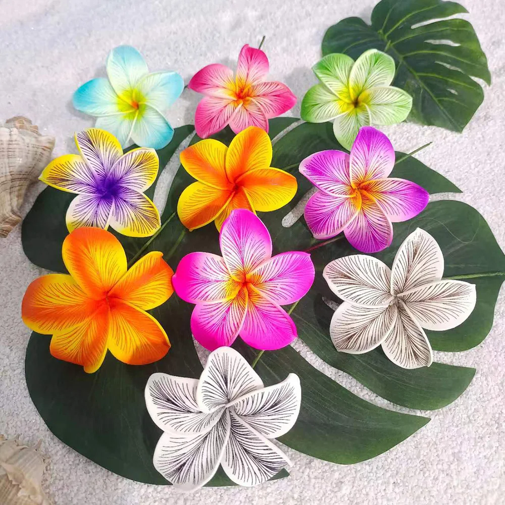 10Pcs Mixed Color Hawaiian Flower Hair Clips 3.5 Inch Artificial Frangipani Boho Floral Hair Barrettes for Vacation Beach Party