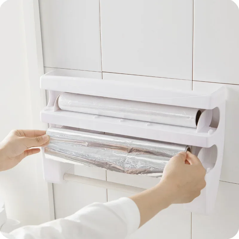 Plastic Refrigerator Cling Film Storage Rack Wrap Cutter Wall Hanging Paper Towel Holder Kitchen Organizer