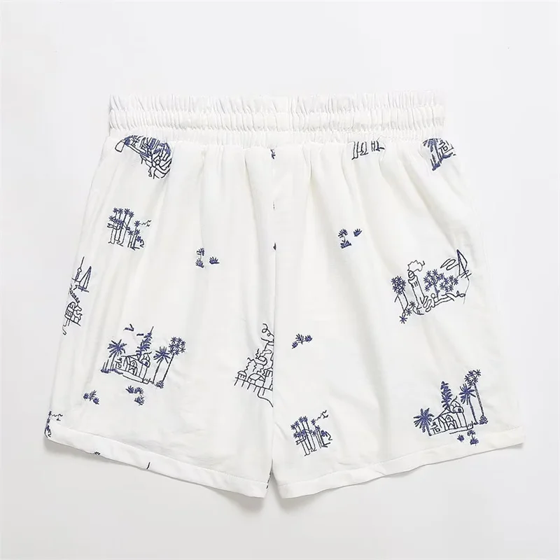 KEYANKETIAN Summer New Holiday Style Embroidered Women's Shorts Elastic Lace-Up High Waisted Cotton Short Wide Leg Pants