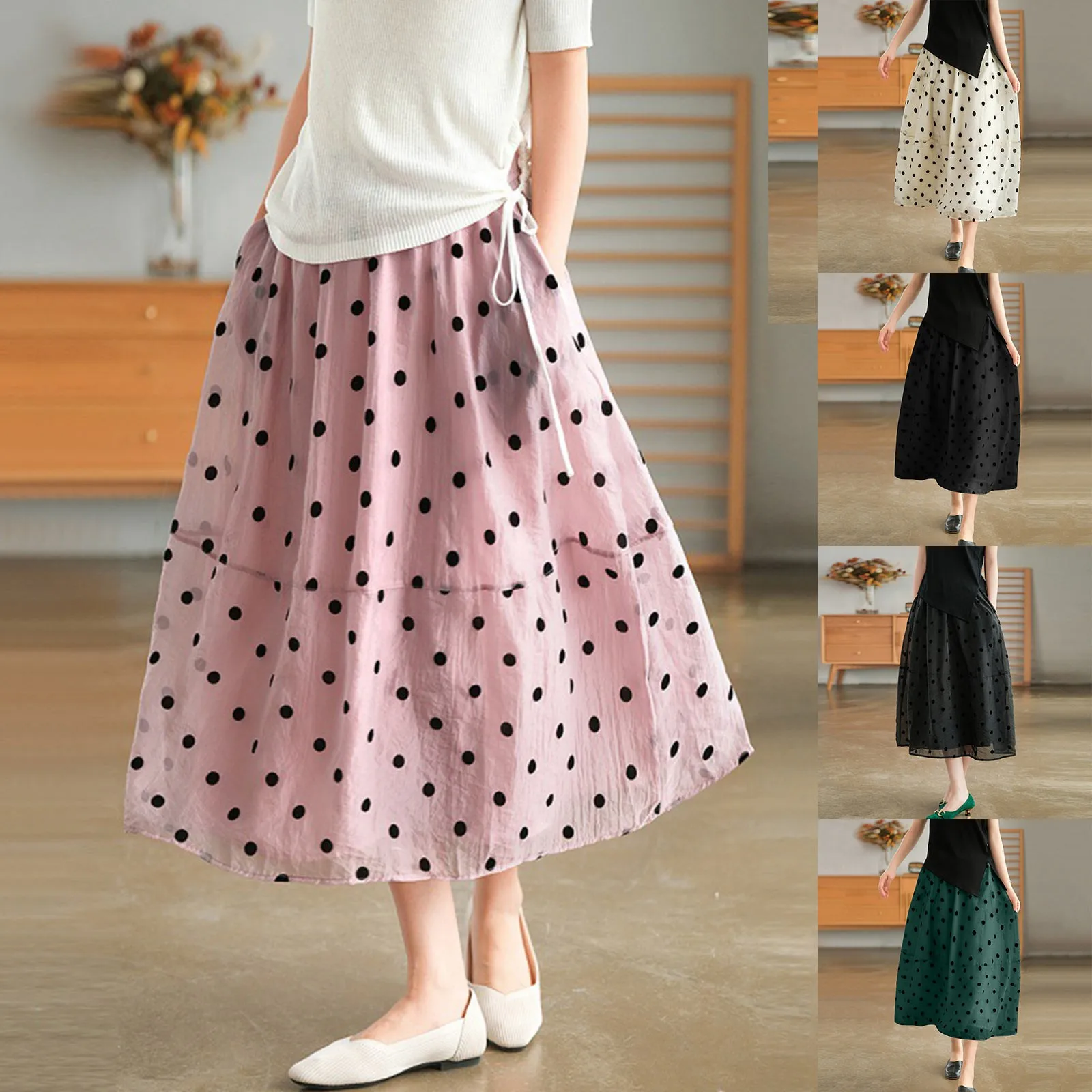 

2024 New Summer Polka Dot Skirt Literary Flowing Large Hem Elastic Waist Skirt Pleated Ruched Skirt For Women Elegant Streetwear