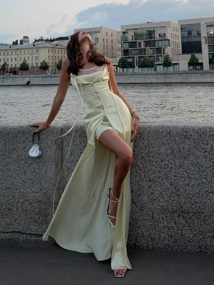 Vestido de retazos de encaje amarillo para mujer, vestido Sexy de satén con cordones, sin mangas, sin espalda y cremallera, vestidos de noche de fiesta para señora nueva 2025