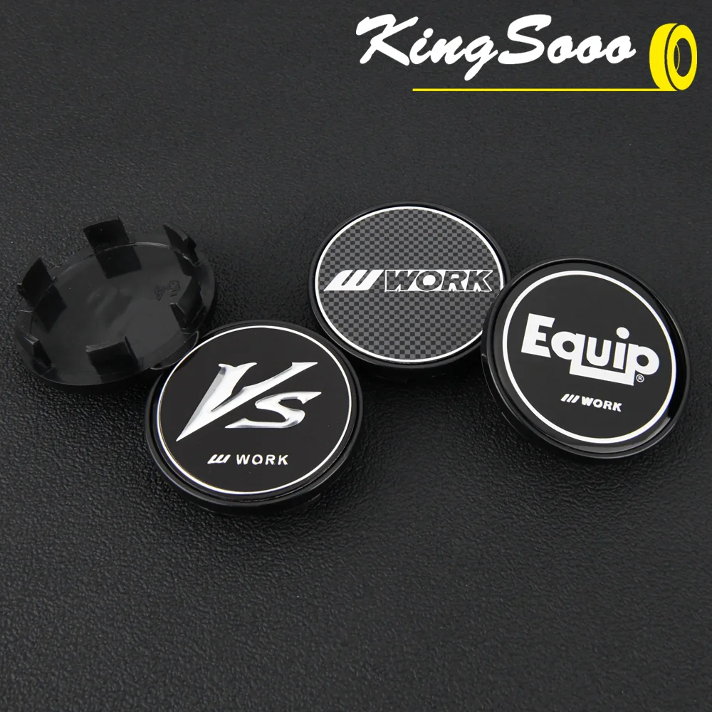 4PCS WORK Rim Cap 54mm OD / 49mm Clip Wheel Center Cap EQUIP MEISTER Racing Emblem Sticker Wheel Cover Hub Cap Black & Silver