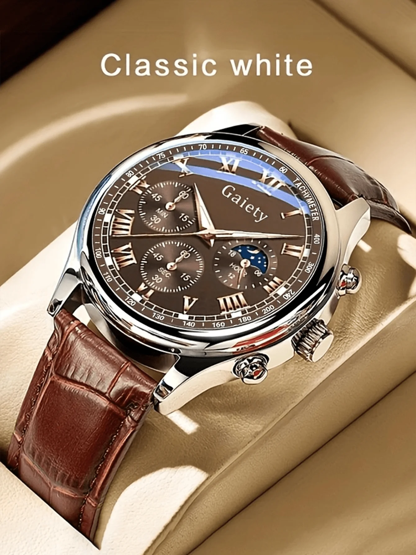 

Классические мужские кварцевые часы с римскими цифрами и коричневым кожаным ремешком