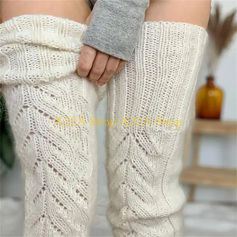 

Unique Hollowed Out Knitted Solid Color Over Knee Socks for Women Winter Fall Thermal Thigh High Stockings Long Leg Warmers