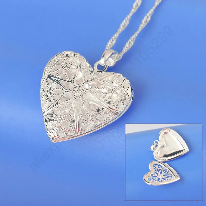 Fine 925 Sterling Silver Hollow Out Heart Shape Photo Frame Pendants Necklaces For Women Wedding Engagement Jewelry Accessory