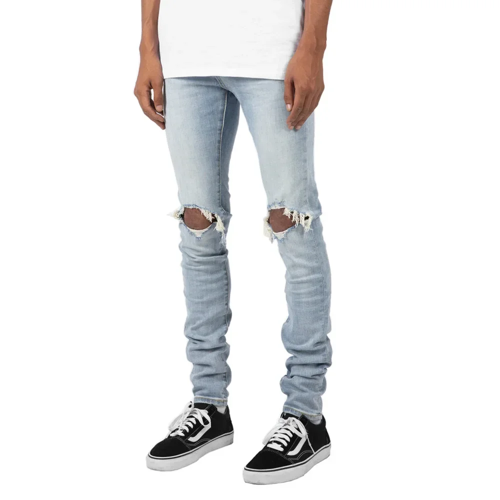 European and American Fashionable Men\'s Pure Color Jeans Personalized High Street Ripped Slim-fit and Stretch Ankle-length Jeans