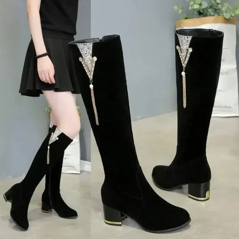 

high quality Women Rhinestone Long Boots Zipper Thick High Heels Tassels Autumn Winter Warm Boots Knee High Botas Botas De Mujer