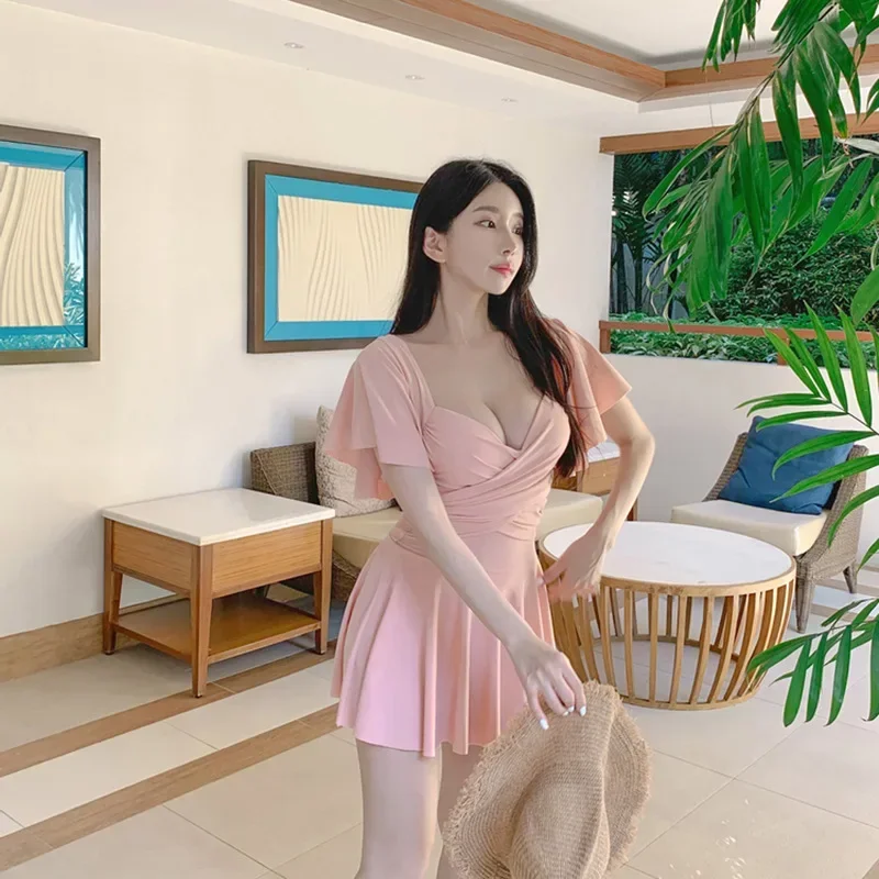 2024 핑크 원피스 수영복 여성 섹시 러플 푸쉬업 수영복 한국 모노키니 바디수트 비치 수영복 드레스