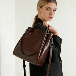 TOPTRENDS Genuine Leather Women Tote Bags Minimalist  Large Capacity Daily Work Handbags Top Handle Shoulder Crossbody Handbags