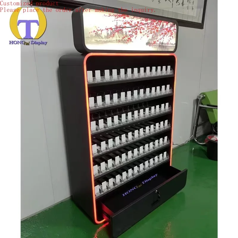 

Custom.Orange Light White Plastic Classic Display Decorated Small Tobacco Sales Cabinet With Drawer and Lock