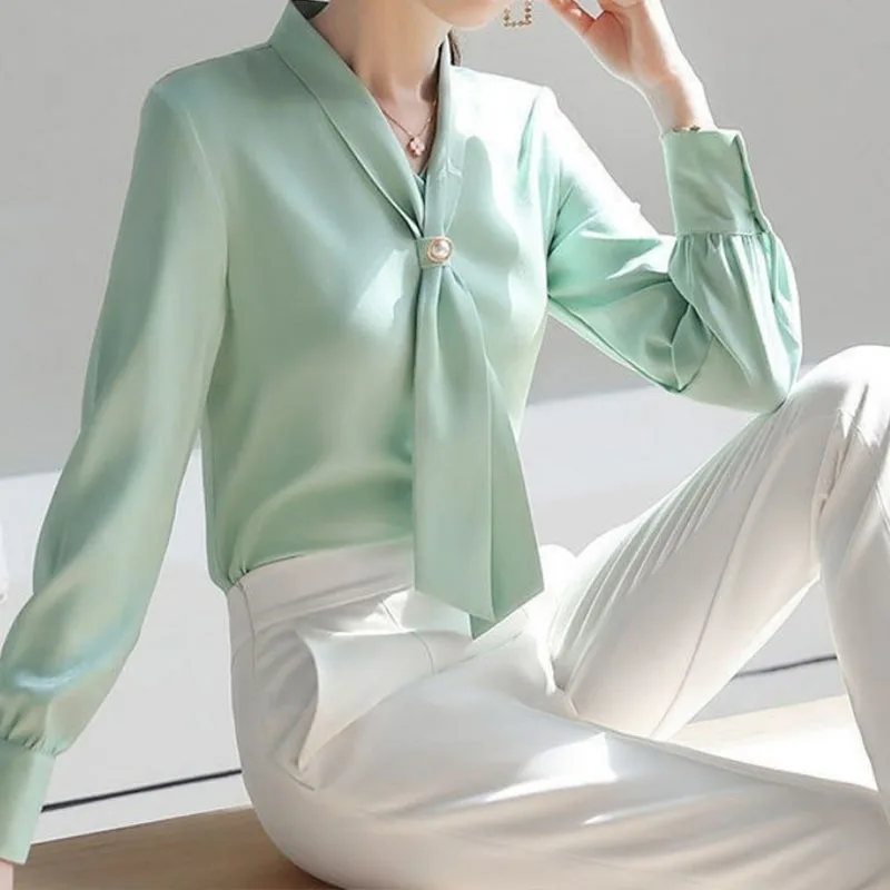 2022 Spring Autumn Solid Color Chiffon Shirt Women\'s Lacing Strap Buttons Decorate Loose Fashion Long Sleeve Upper Outer Garment