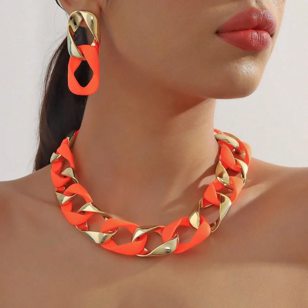 

New INS Fashion Set Hip Hop Fluorescent Color Acrylic CCB Spliced Choker Necklace And Earrings For Women Neck Jewelry