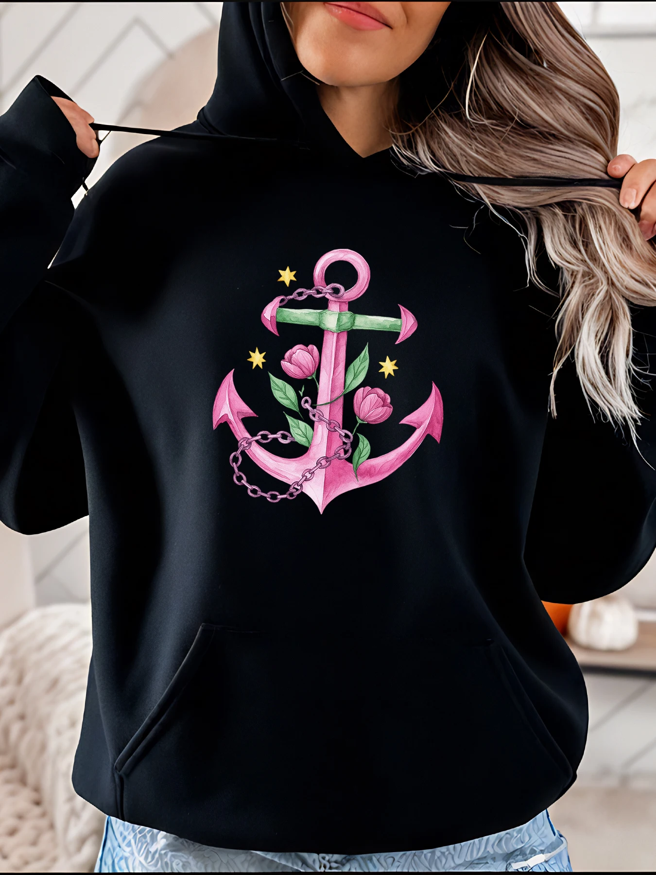 

【Halloween】Pink Anchor & Rose Print Hoodie, Casual Loose Fit, Ins Style, Women's Streetwear, Perfect for Autumn Outings