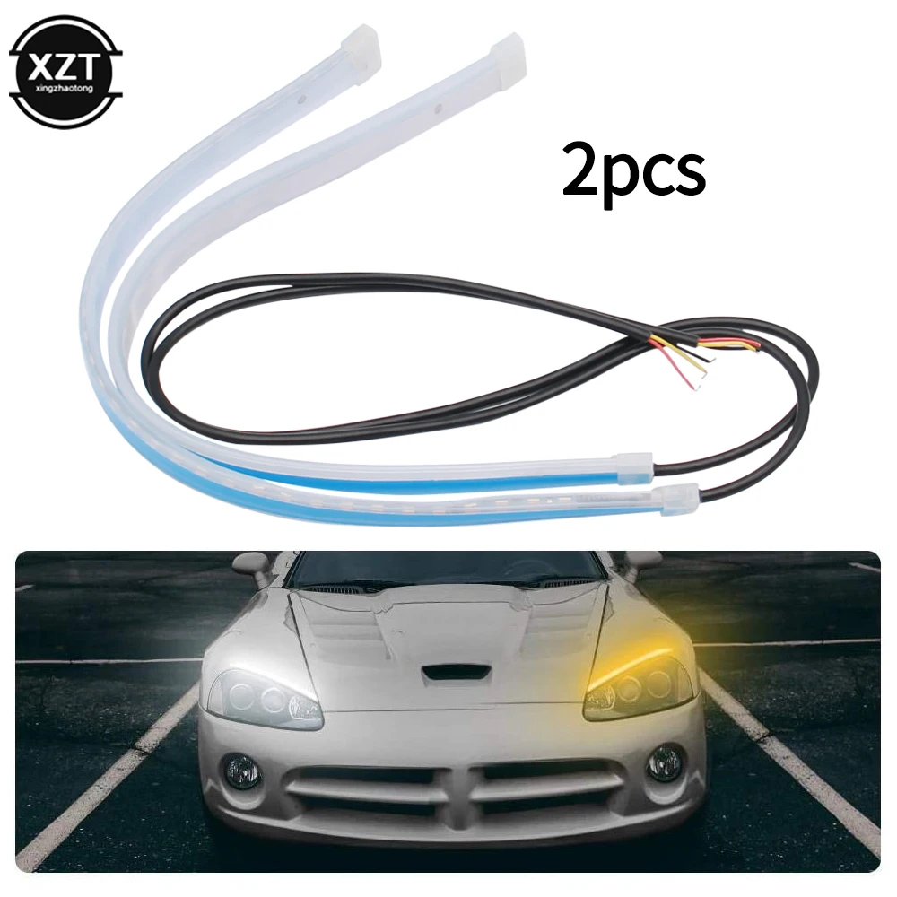 2Pcs 12V LED DRL Car Daytime Running Light Flexible Waterproof Strip Auto Headlights White Turn Signal Yellow Brake Flow Lights