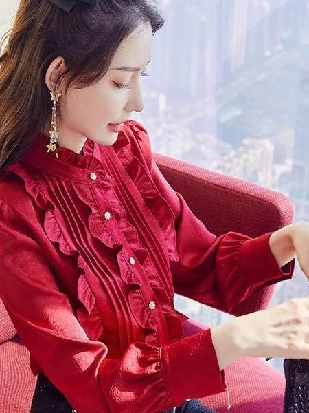 

Модное женское платье с воротником-стойкой, на подкладке, из шифона, приталенное, для осени и зимы, красное, для повседневной носки...