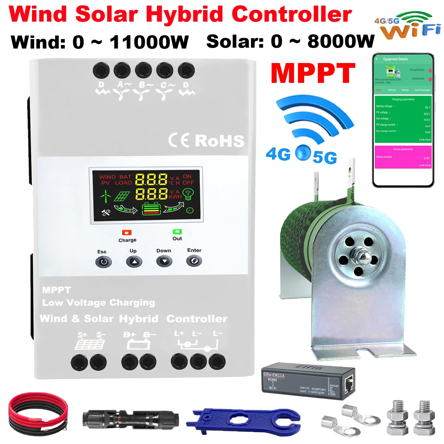 4000W Wind Solar Hybrid Charge Controller with Equalizer, 12V 24V 48V AUTO, MPPT for Solar and Wind, for Lithium Lead Battery