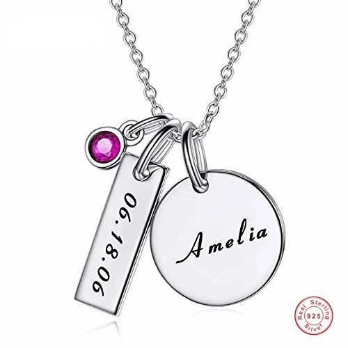 

NUNCAD 925 Silver Necklace Customized Round Gemstone Birthstone Name Brithday date Women's Birthday Gift Jewelry