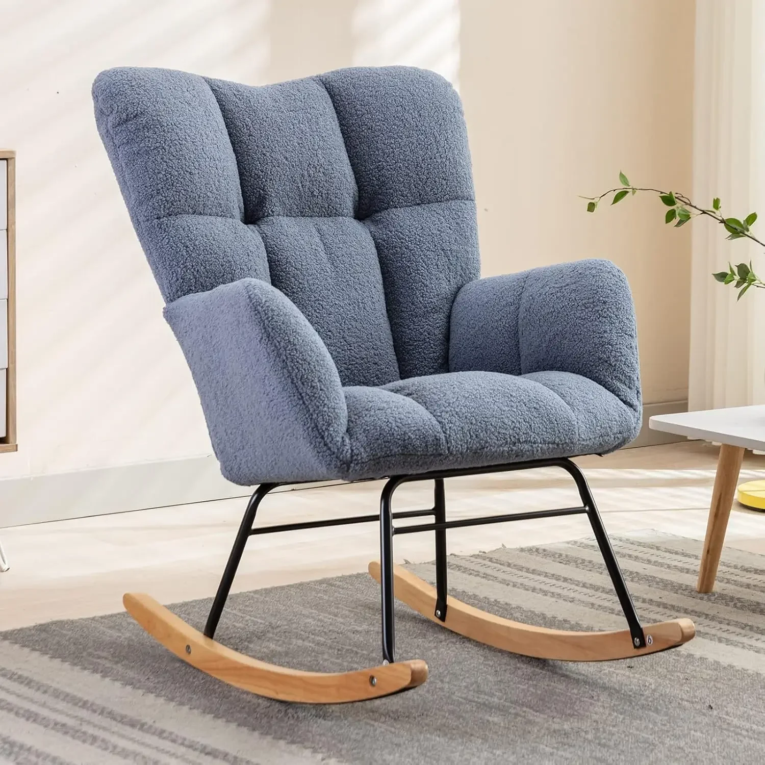 

Nursery Rocking Chair Teddy Upholstered Glider Rocker Rocking Accent Chair Padded Seat with High Backrest Armchair Comfy Side
