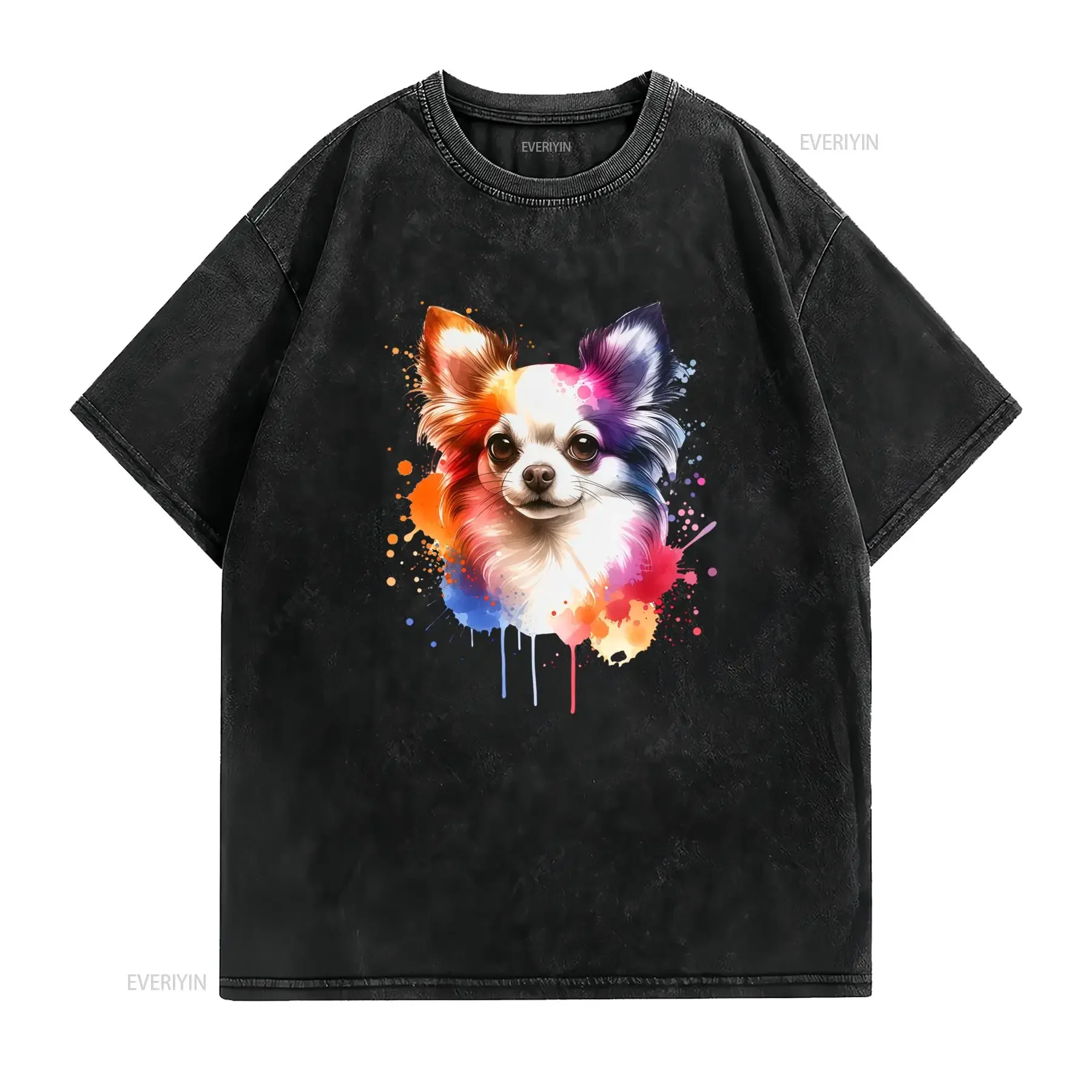 T shirt Chihuahua Arcobaleno Acquerello Ritratto Amante dei Cani Girocollo Casual Tessuto Leggermente Elasticizzato vintage