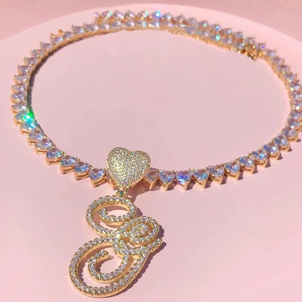 Damen-Halskette mit Herz-Anfangsbuchstaben-Anhänger, Iced-Out Strass-Buchstaben-Charm Tennis-Ketten-Choker, luxuriöses Bling-Schmuckgeschenk – Detail 6