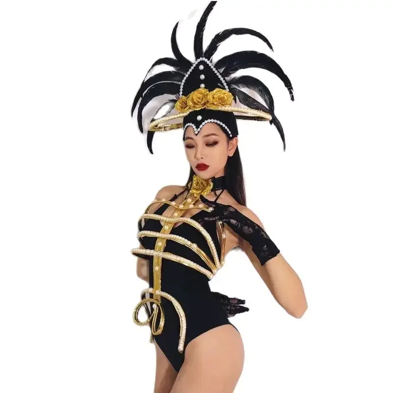

Bar Nightclub DJ Dancer Gogo Show Costume Black Feather Beads Headdress Bodysuit Stage Wear Sexy Catwalk Performance Outfits
