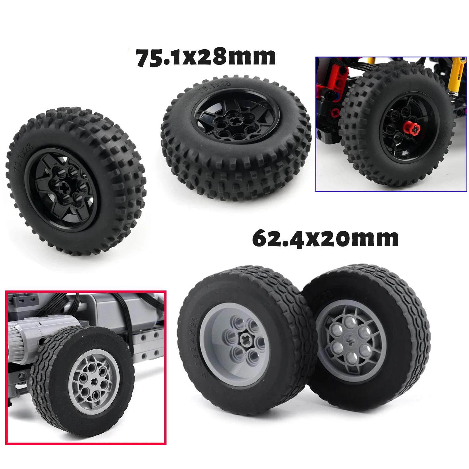 2/4/8PCS Tires+Wheels 62.4*20mm/75.1x28mm Building Blocks for Technical Car Modified Bricks DIY Assembled Model Toy Kid MOC Gift