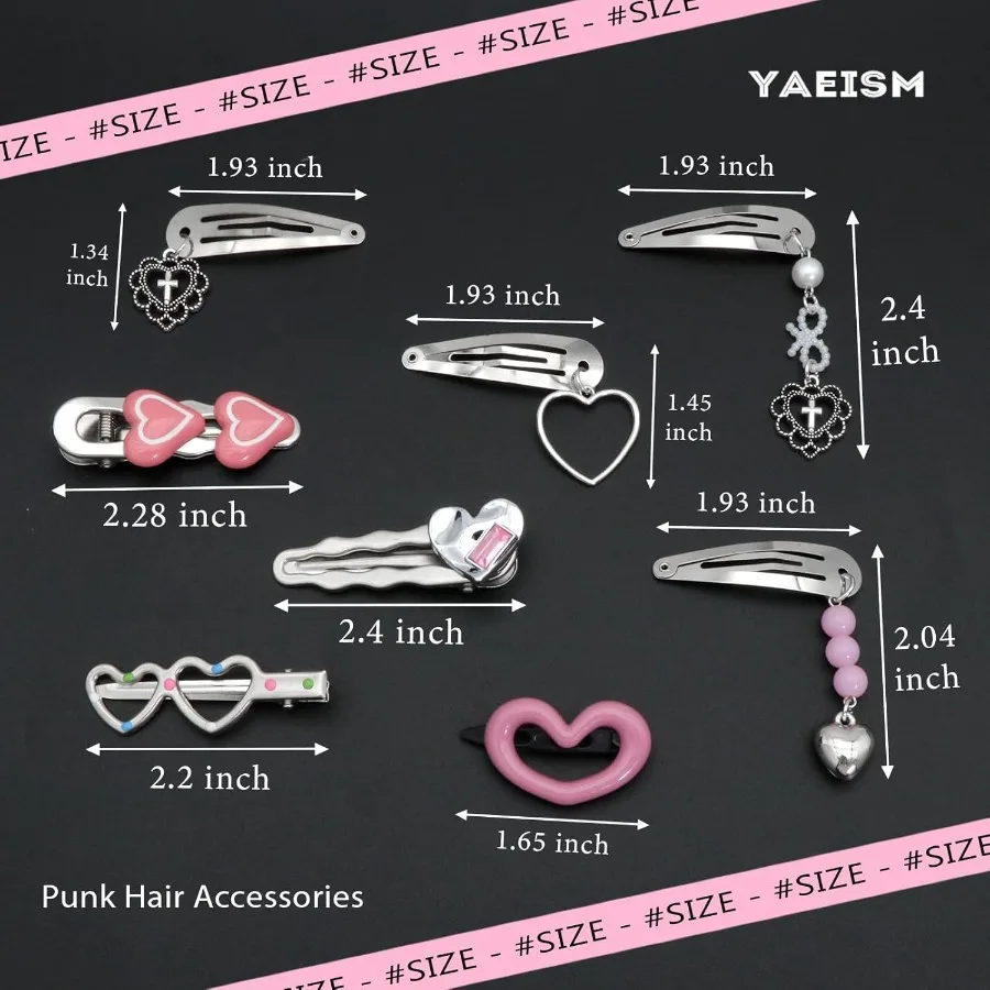 10 قطعة مقاطع الشعر القلب Y2K مقاطع الشعر الفضية المعادن استرخى القلب القوطية المشابك 8 الأشكال الصليب الشرير إكسسوارات الشعر للنساء
