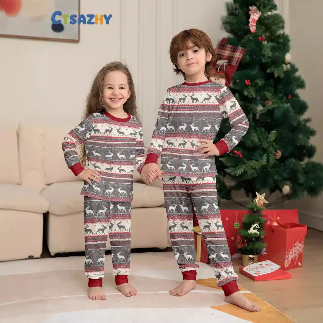 

Рождественский вид, пижамный комплект с принтом лося для всей семьи, мамы, дочки, папы, сына, одинаковый наряд с длинными рукавами и круглым вырезом, костюм из 2 предметов, одежда для сна