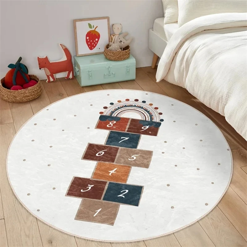 Boy Round Rug Hopscotch Floor Carpet Animals Non Slip Circle Rugs Anti Slip Mat Playground Area Rugs Beige Rug for Kid's Room
