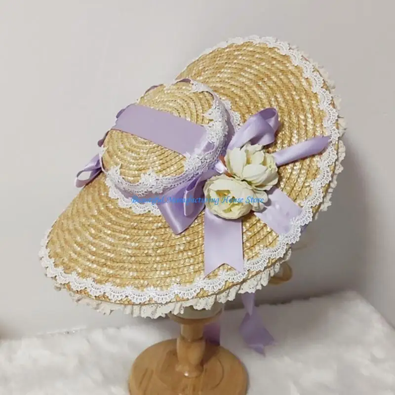 

E56A Японская Лолита Сладкая соломенная шляпа от солнца с кружевной лентой и бантом с широкими полями для чаепития на плоской