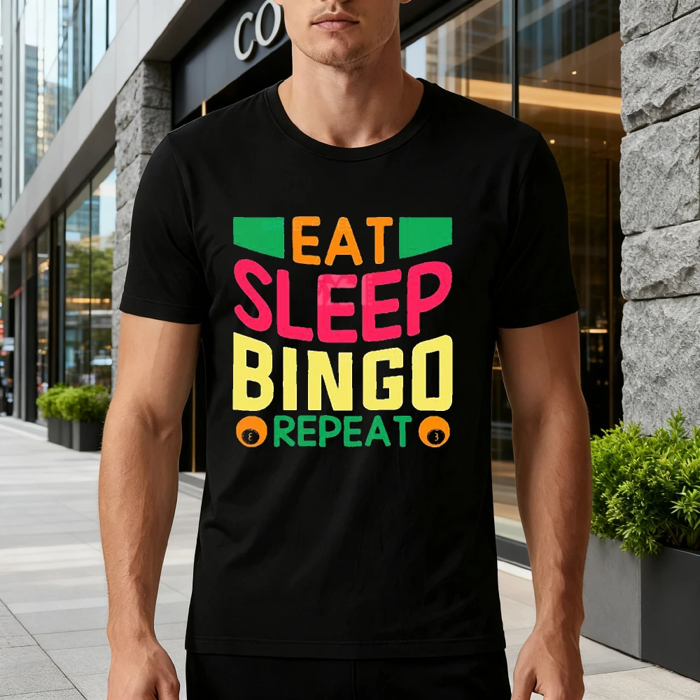 Bingo Squad Tee Eat Sleep Bingo Repeat Bright Multicolor Bold Letter Small Number Bingo Balls Summer Black Casual Tops