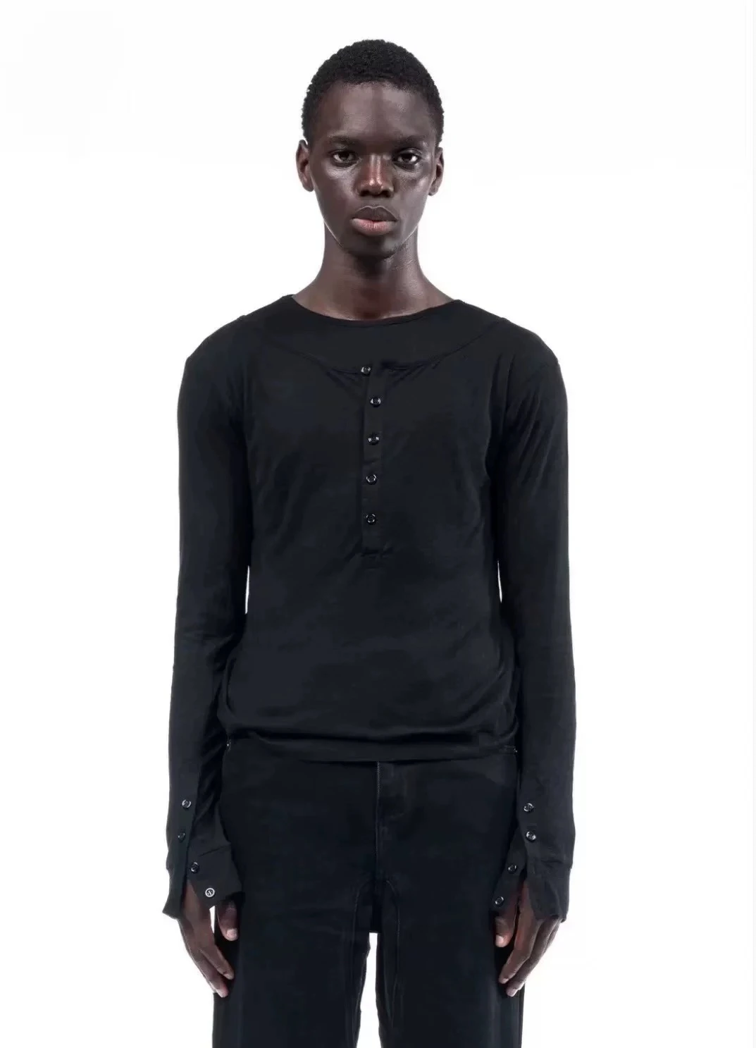 no faith studios レイヤードロンT No Faith Studios Slim Fit round Ne Double Layer irt Bla White ex