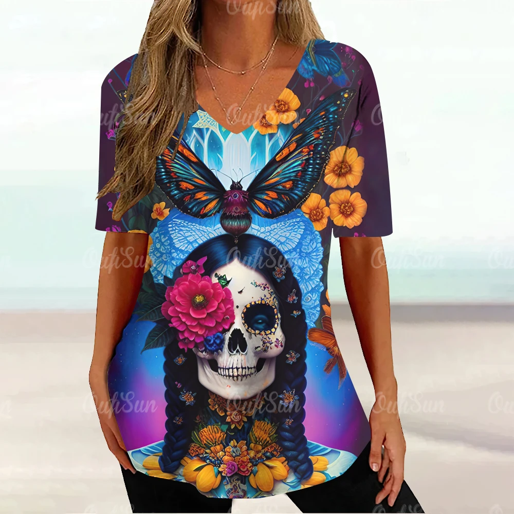 2024 Vintage Skull Face Women\'s T Shirt Tops V Neck Blouses Casual Short Sleeve Pullover Summer Female Harajuku Punk Streetwear