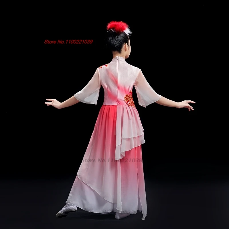 2025 chinese vintage children folk dance costume gradient color chiffon hanfu tops+pants set traditional stage performance dress