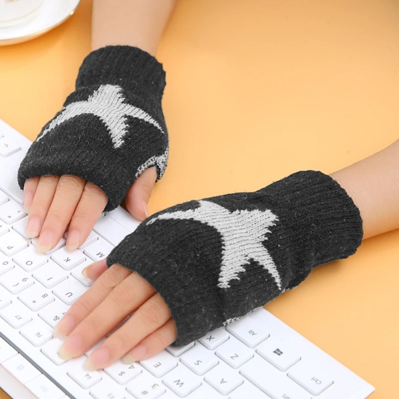 Knitted Gloves for Adult Touch Screen Mittens Male Female Winter Gloves with Pentagram Pattern Fingerless Gloves