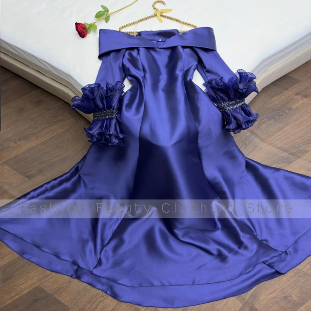 Exquisite Elegant Party Dresses Woman Dark Royal Blue Satin Ruched Ruffles A-line V-neck Floor Length Dresses Gowns 2024