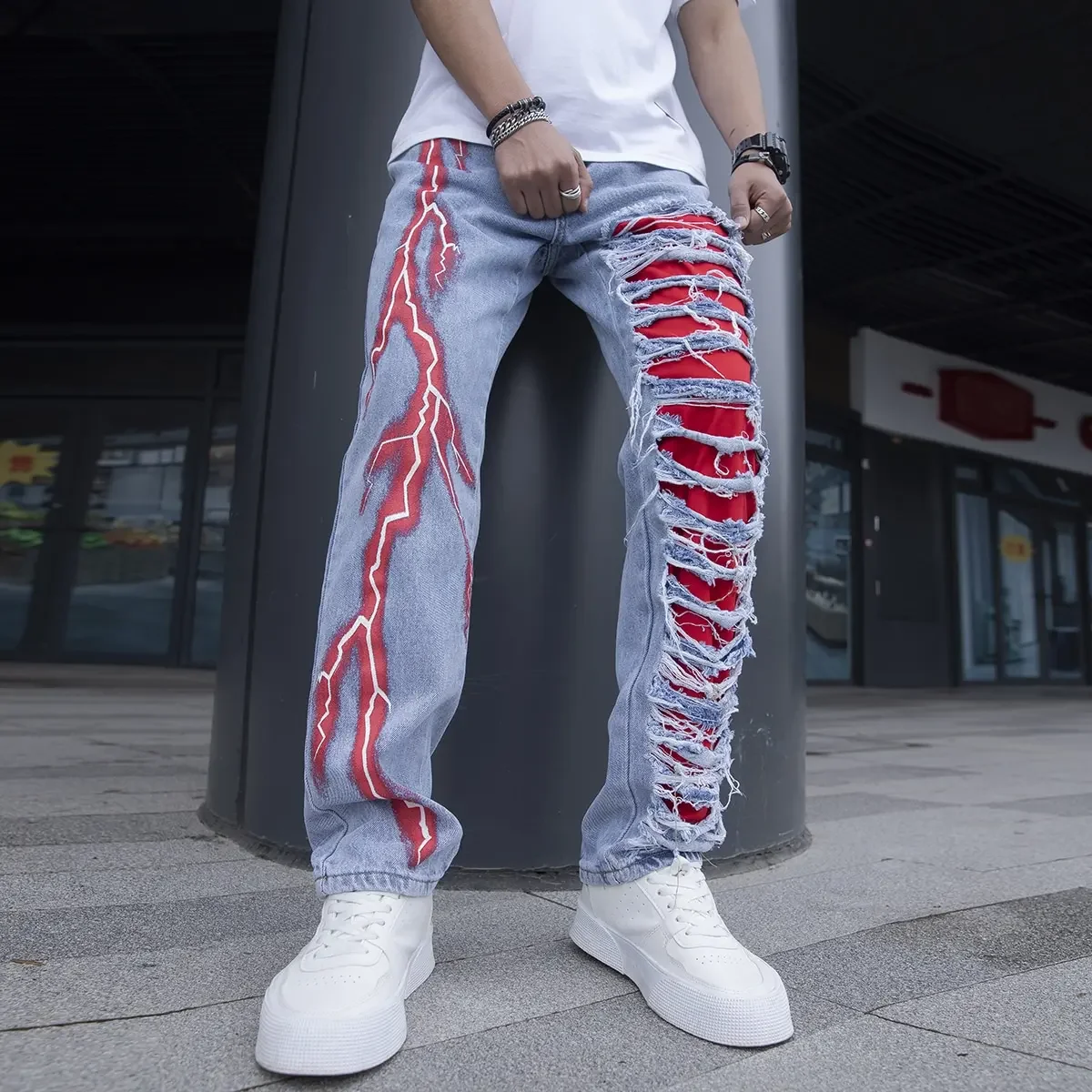 

Men’s Stretchy Lightning Baggy Jeans For Men Cracked Streetwear Holes Ripped Patchwork Denim Casual Pants Slim Skinny Trousers