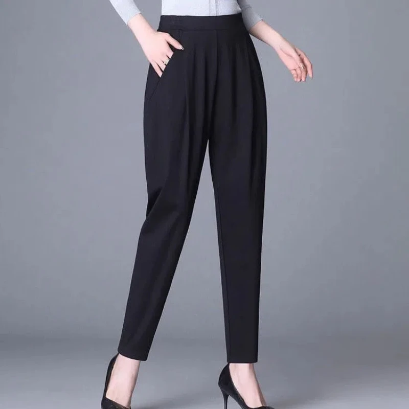 High End Haren Pants Women's New Summer Elasticized High-waisted Loose Slimming Pants Children Black Versatile Hanging Mom Pants