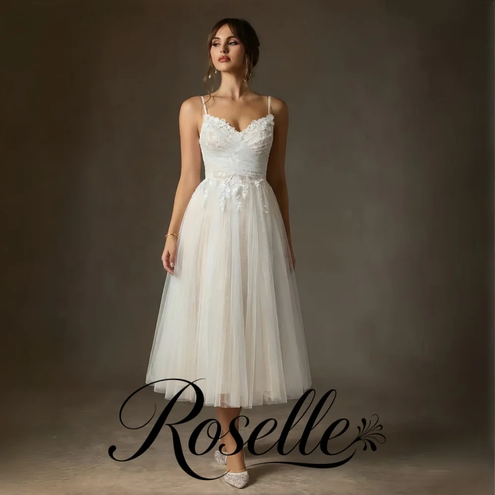 ROSELLE Elegant Spaghetti Strap V-Neck Mid-Calf A-Line Wedding Dress Flower Open Back Bow Tulle 2026 Customized Vestido De Novia