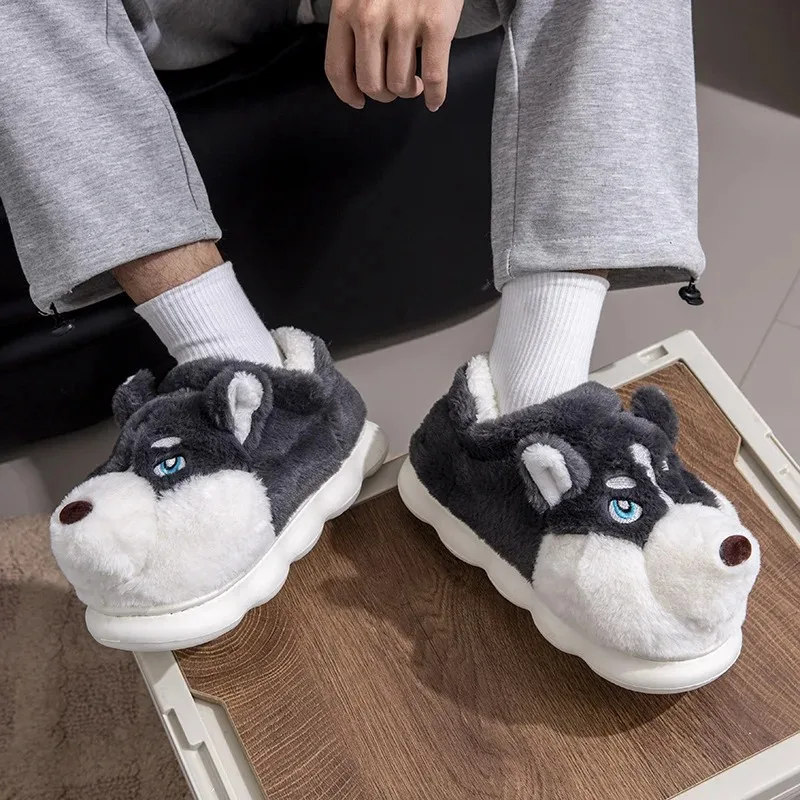 new Funny 3D Cartoon Husky Plush Slippers Winter Full Cover Foot Fuzzy Warm House Shoes Anti Slip Platform Couple Home Footwear