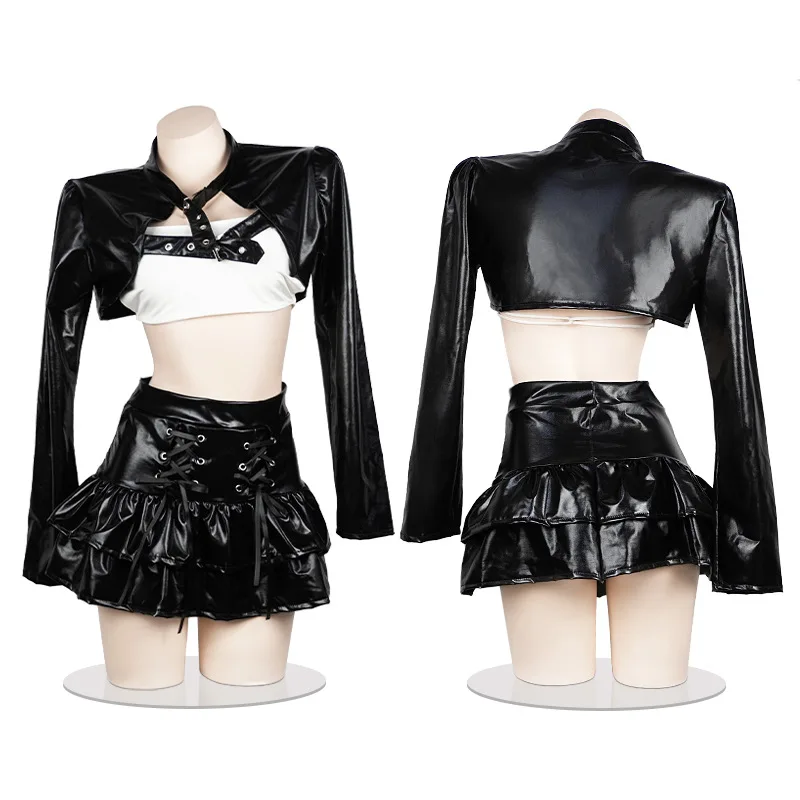 Halloween Women Cyberpunk Top Short Skirt Steampunk Leather Dress Uniform Anime Game Webcam Girl Cosplay Black Costume Outfit