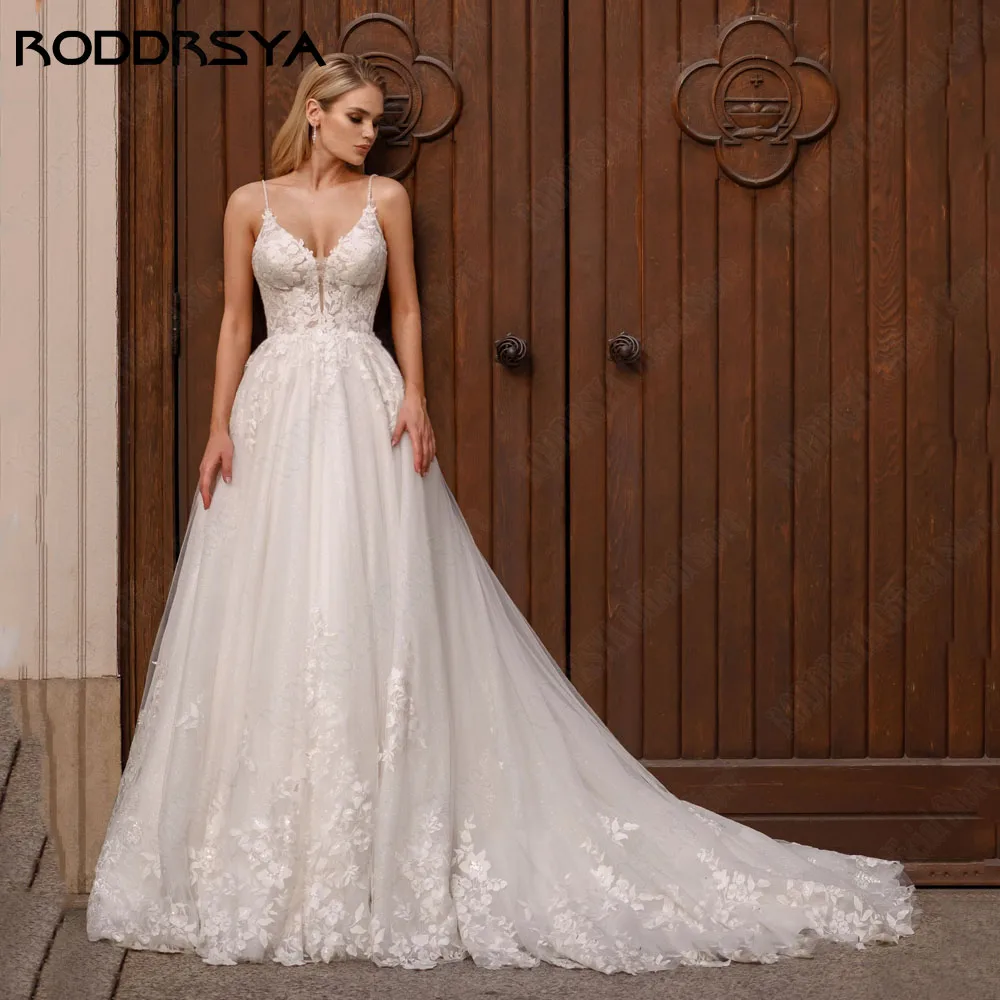 RODRSYA Boho Glitter Tulle Abiti da sposa Spaghetti Straps Backless V-Neck A-Line VRODDRSYA Boho Glitter Tulle abiti da sposa spalline senza spalline con scollo a v a-line Vestido De Novia abito da sposa 2024 su misura