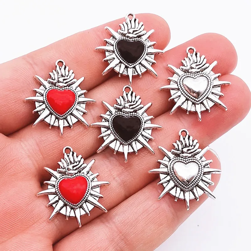 6pcs Flaming Sacred Heart Charms Enamel Thorns Sacred Heart Pendant Designer Charms Fit Jewelry Making DIY Jewelry Findings