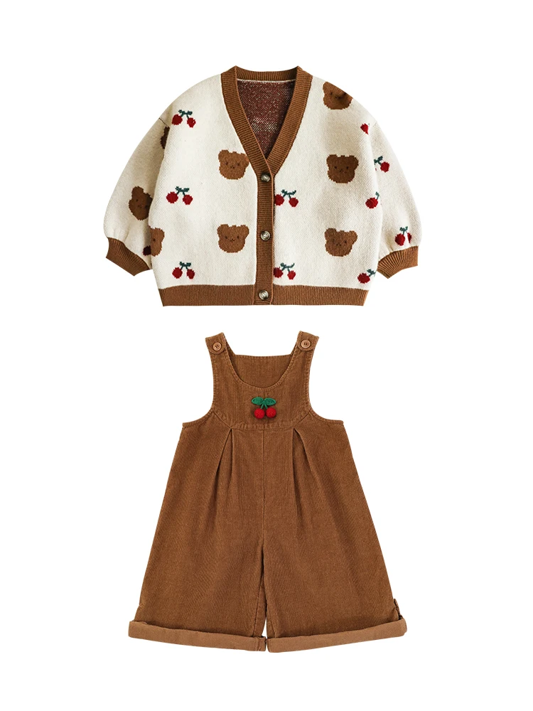 Girls\' Retro Knitted Cardigan Cute Cherry Bear Jacquard Contrast Color Children\'s Autumn Overalls Trend