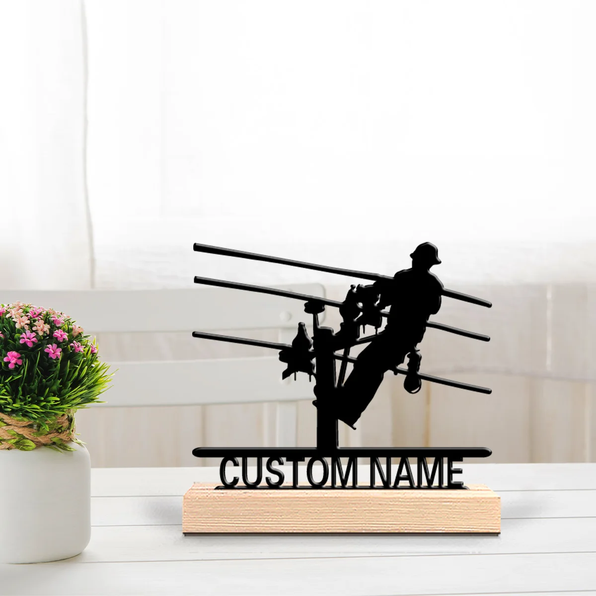 1pc Stylish Personalized Custom Electrician Metal Statues Modern Wooden Base Decor for Office Living Room Nature-Inspired