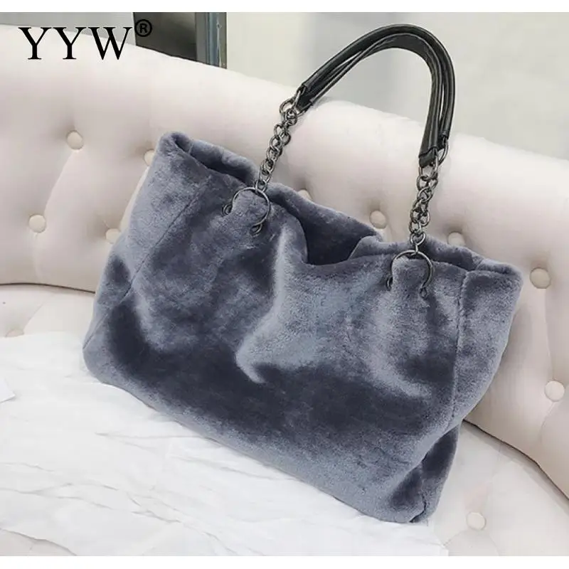 Female Winter Faux Fur Plush Tote Bag Women'S Bag Designer Large Capacity Luxury Handbag Shoulder Bag Purses Female Satchel Bags
